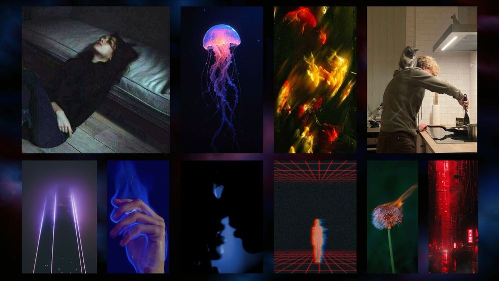 girl leaning against a bare mattress. a pink and blue jelly fish. blurry red and gold fish. .a blond-haired man cooking with a cat on his back A tall, purple-tinted tower. A hand with blue fire. Two people almost kissing. A distorted silhouette. A dandelion on fire. A city with a red haze.