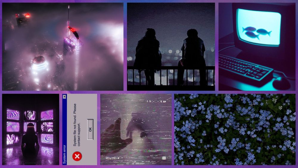 Skyscrapers rising through a sheet of fog. Two people sitting next to each other on a rooftop. Fish inside a glowing computer screen. Blue forget-me-nots. A hand reaching towards another through the fog. A girl wearing a wired helmet sitting in front of nine televisions.