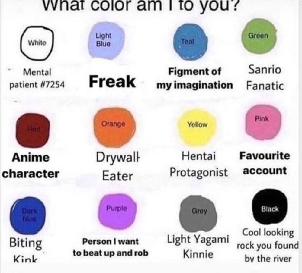 engagement bait with options reading 

White: Mental patient #7254
Red: Anime character
Light Blue: Freak
Teal: Figment of my imagination
Yellow: Hentai Protagonist
Green: Sanrio Fanatic
Pink: Favourite account
Dark blue: Biting Kink
Orange: Drywall Eater
Purple: Person I want to beat up and rob
Grey: Light Yagami Kinnie
Black: Cool looking rock you found by the river
