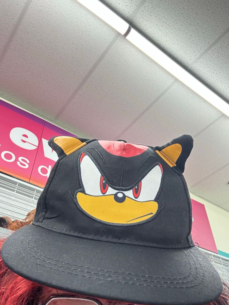 the user wearing a shadow the hedgehog hat