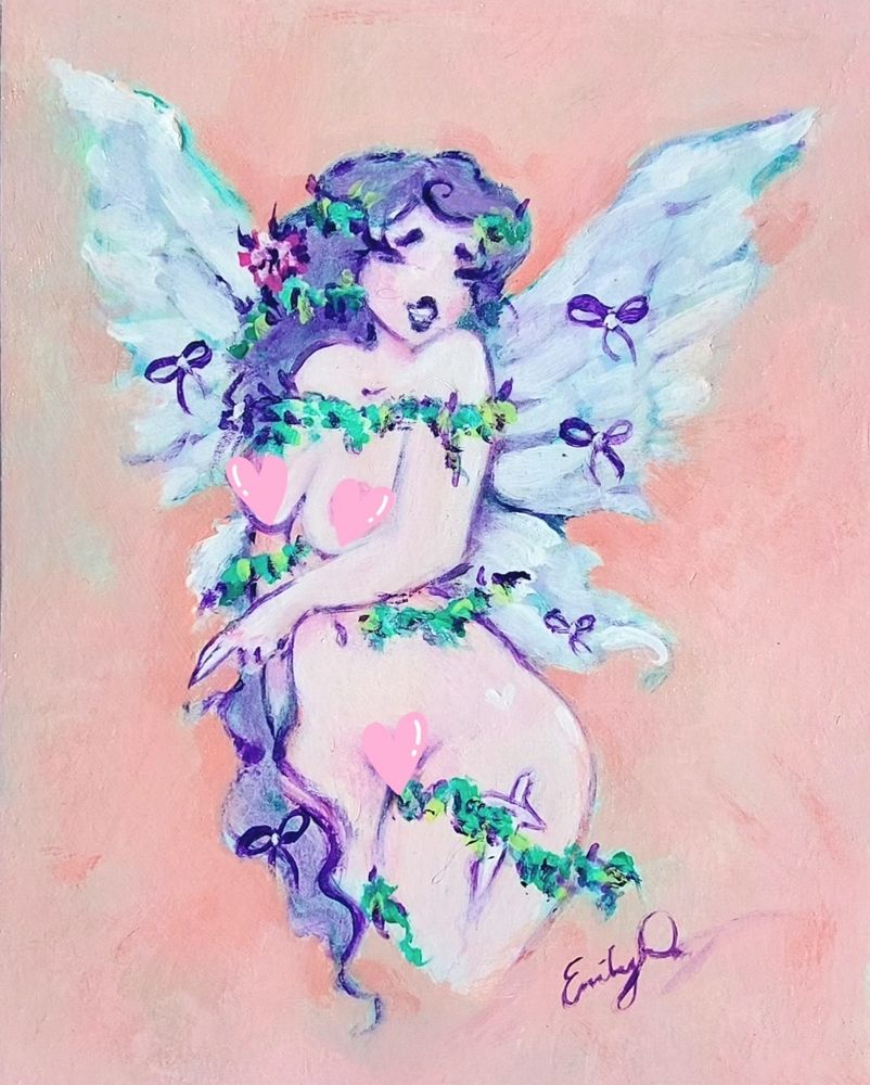 A fairy with purple haired wrapped in blooming flowers with white wings. 