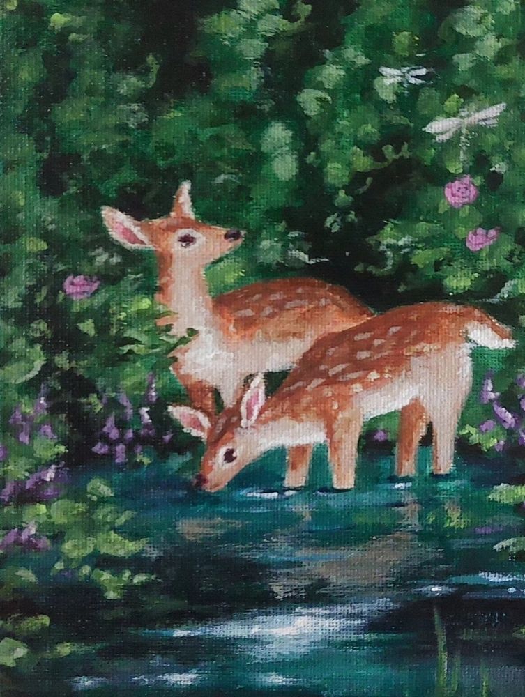 A painting of two deer near a pool of water at midnight. 