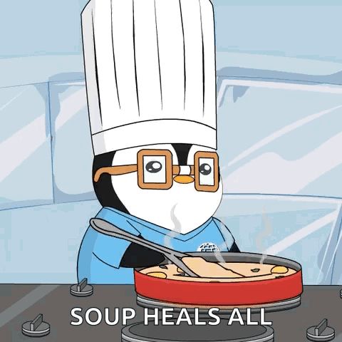 a penguin in a chef 's hat is stirring a pot of soup that says soup heals all on the bottom