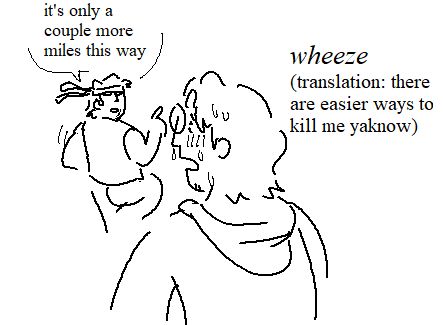 ms paint drawing of snake and otacon from metal gear solid. snake is jogging ahead with ease and pointing while saying "it's only a couple more miles this way." otacon is in the foreground and looks like he's dying very sweatily, saying "WHEEZE". the translation beneath reads "there are easier ways to kill me ya know"
