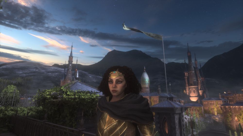 Feminine Rook with dark curly hair with a shiny fantasy city and mountains in the backdrop. It’s dusk.
