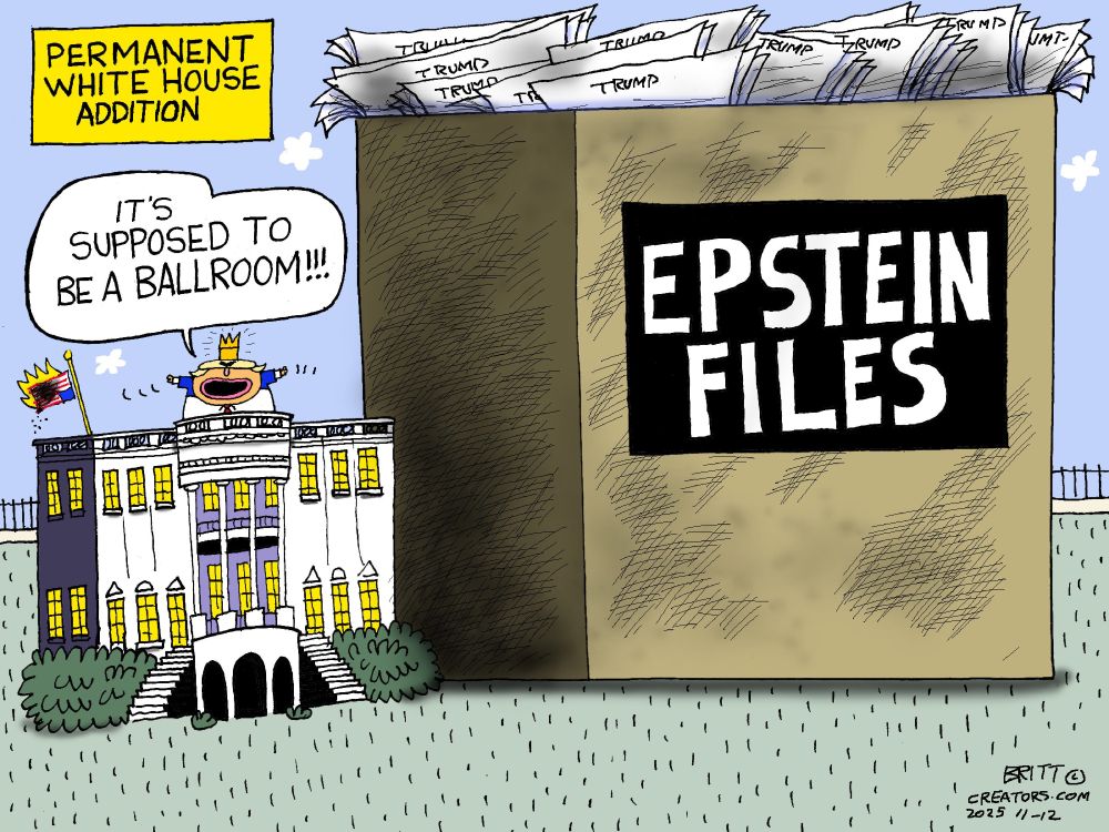 Shows a box bigger than the Whitehouse with Epstein files written on the side, with Trump raging from the Whitehouse balcony wearing a tiny crown saying "its supposed to be a ballroom"