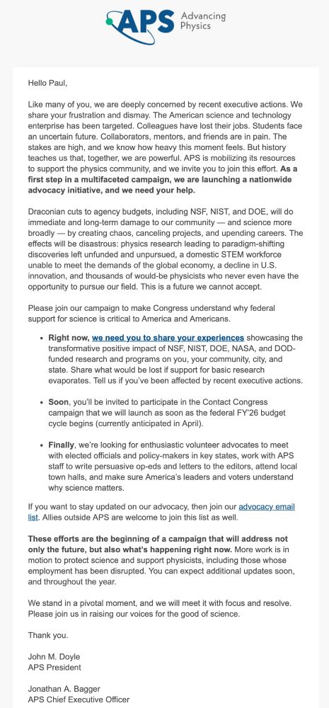Text says APS is advocating for science, and for people to reach out.
