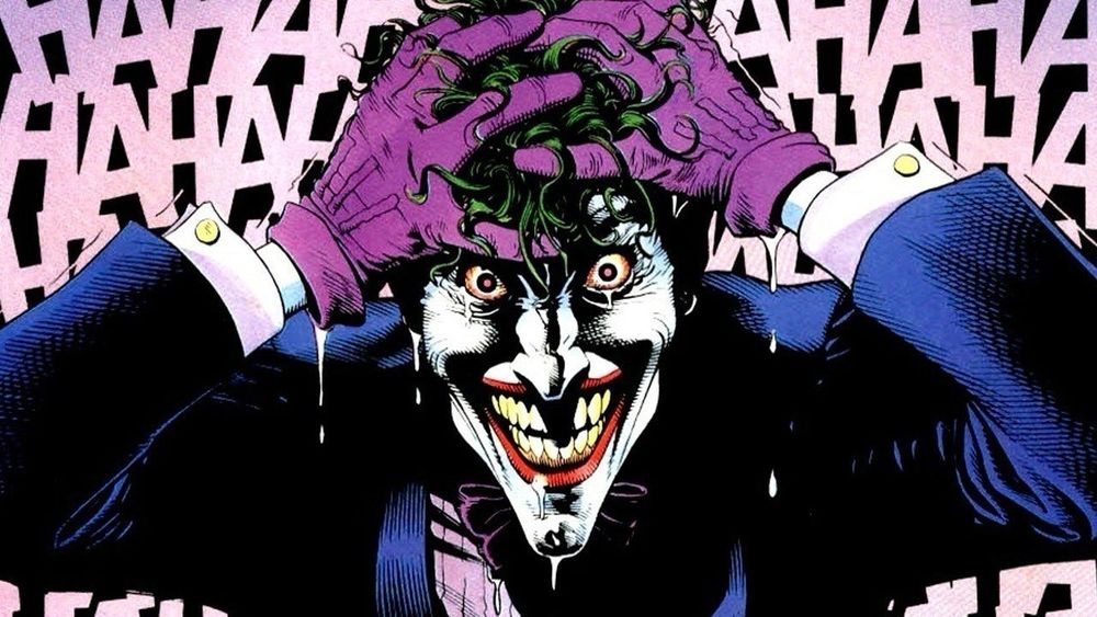The Joker from The Killing Joke, smiling and laughing like a mad man