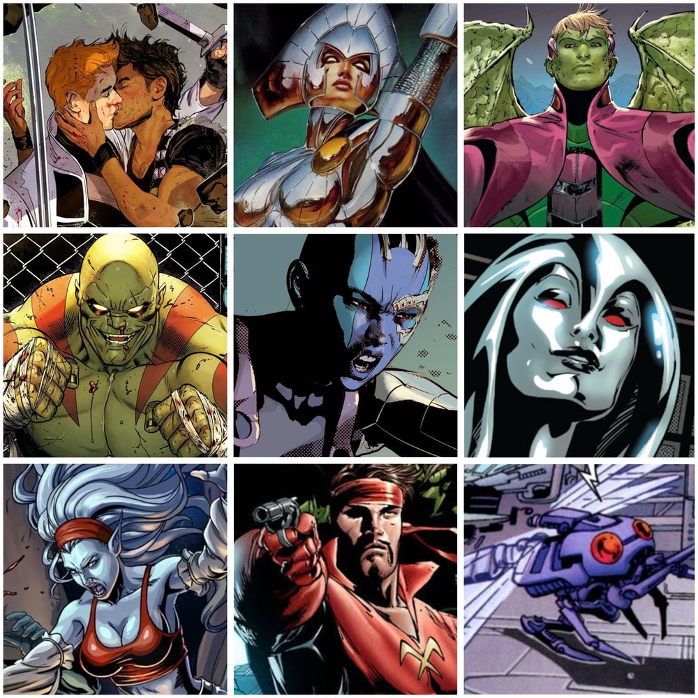 From Top Left: Shatterstar, Rictor, Lilandra, Hulkling, Drax, Nebula, Jocasta, Hepzibah, Corsair and Sikorsky.