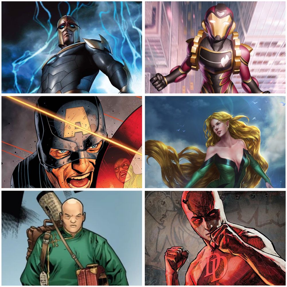 From Top Left: Nova (Richard Rider), Ironheart, Captain America, Meggan, Wong, Daredevil