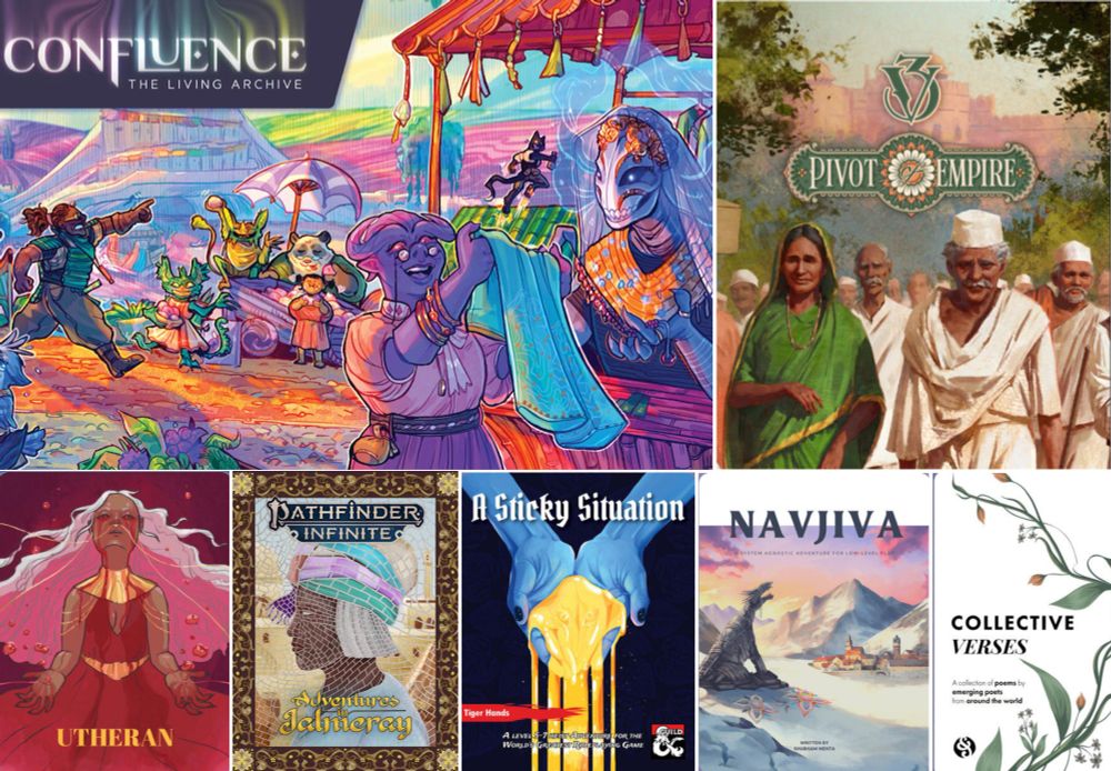 A collage of game covers, Confluence, Utheran, Adventures in Jalmeray, A Sticky Situation, Navjiva, Collective Verses