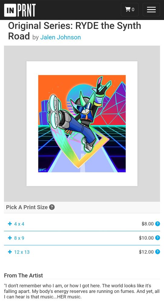 A screenshot of one of the art pieces I sell on INPRNT, titled "Original Series: RYDE the Synth Road".