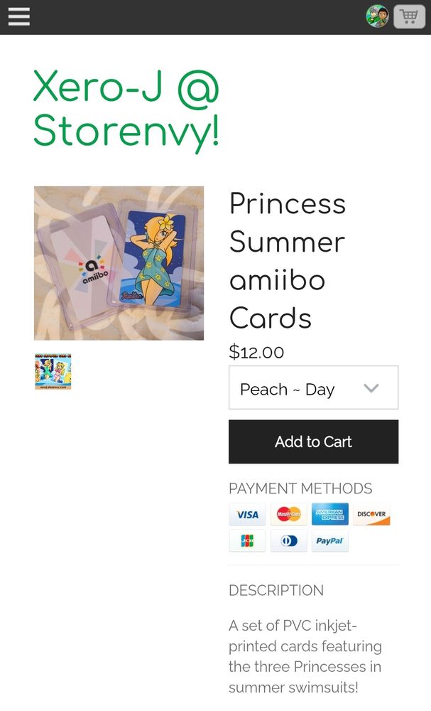 A screenshot of my Storenvy page, showing a listing for my Princess Summer (amiibo-compatible!) art cards.