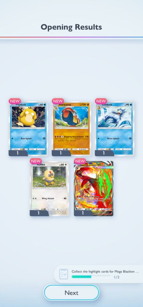 Pokemon TCG Pocket: The results of a Mega Rising (Blaziken) Booster pack containing an Immersive Rarity Mega Blaziken EX.