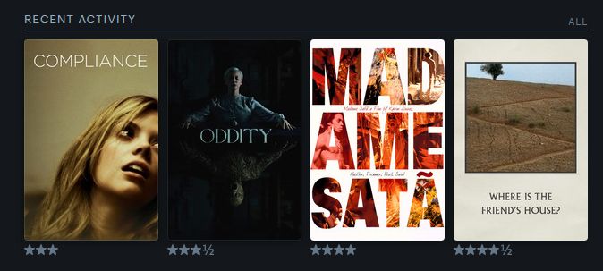 Cartazes dos últimos 4 filmes que vi e minhas respectivas cotações para cada um. Da esquerda para a direita:
Obediência: 3 estrelas
Oddity: 3,5 estrelas
Madame Satã: 4 estrelas
Onde Fica A Casa do Meu Amigo?: 4,5 estrelas 