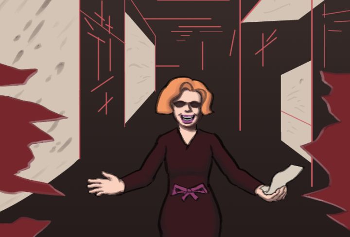 Woman holding a paper note addressing the viewer, standing in front of what appears to be glitching cyber space.