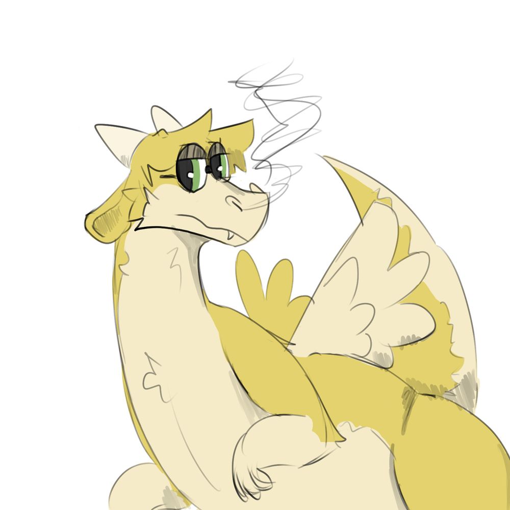 A very pear shaped fluffy yellow dragon. Hes half lidded and a liiitle bored looking. he also has very tiny wings, and glasses