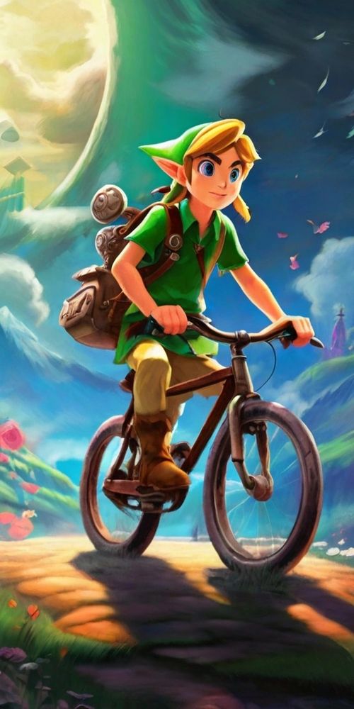 Link from Nintendo Zelda riding a bicycle, created with Leonardo.ai