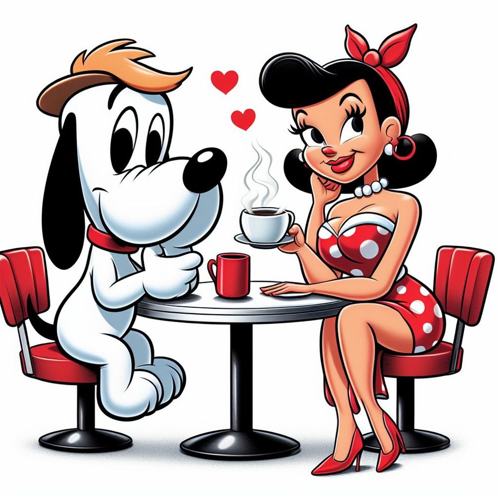 Droopy having a coffee break with a beautiful woman in the 50s.