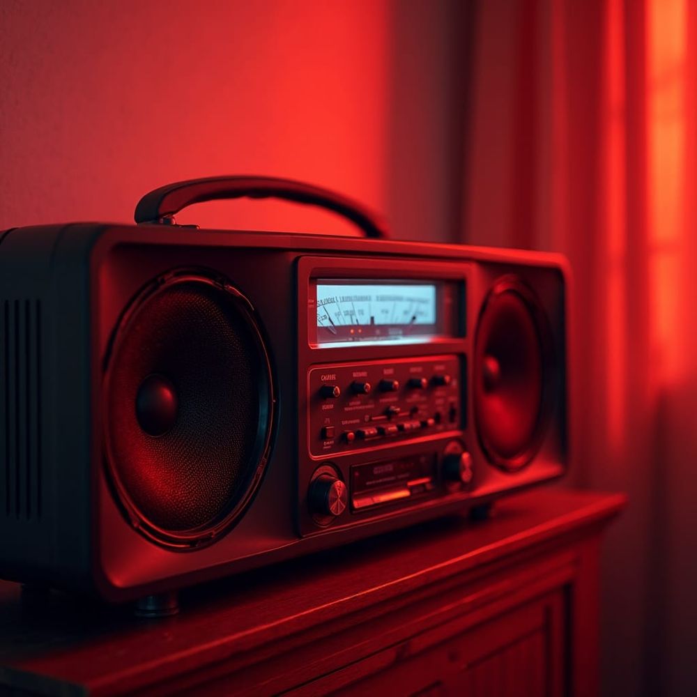 Black ghetto blaster type radio with a curved carry handle, dual speakers, one at each end, centre lit radio dial, on top of a wooden cabinet, seen at an angle circa 45 degrees, in a room seemingly lit red by sunlight through closed red curtains.