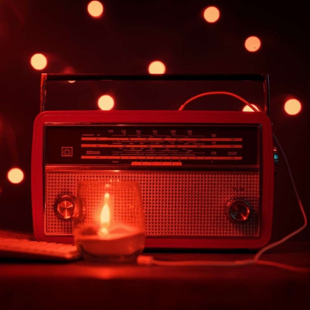 Red radio art: Old transistor radio lit red by reddish flame of a small candle in a jar in front of it.Background is dark and lit by small out of focus lights.