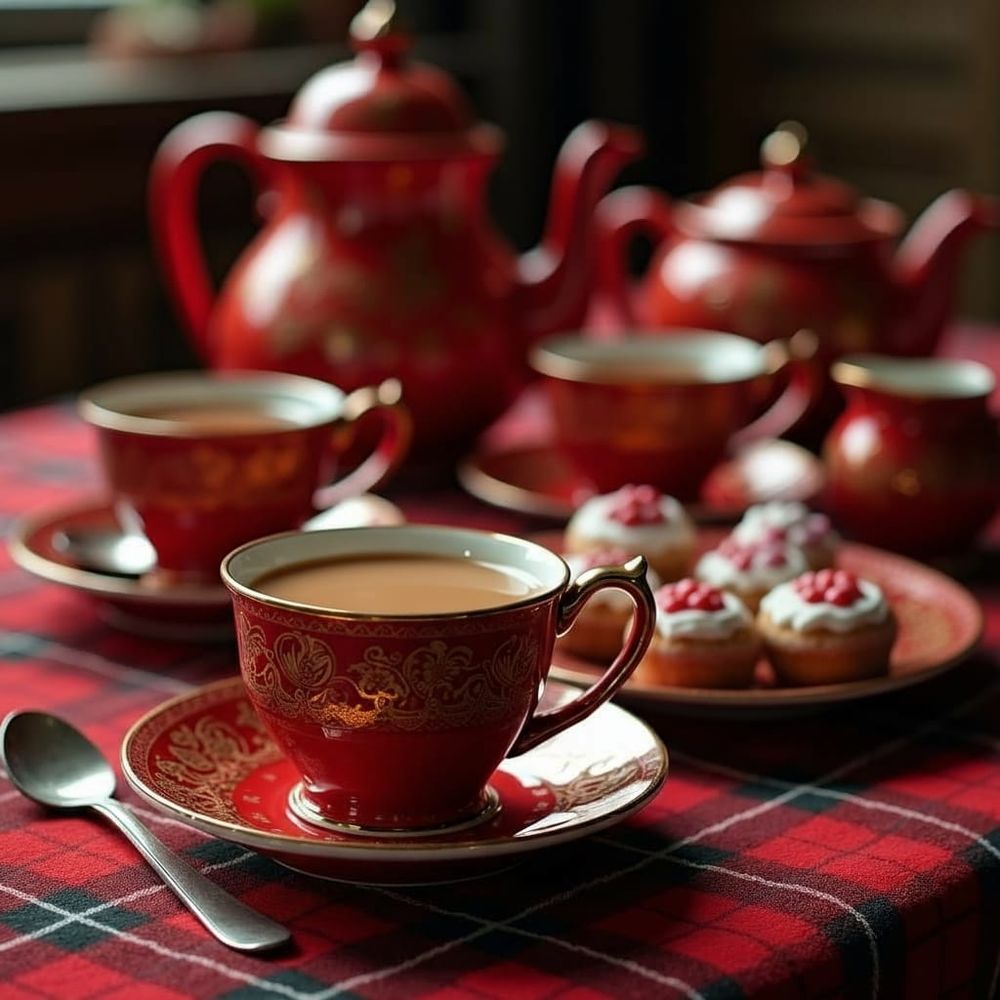 Ornate red tea set, two different pots at the back and out of focus (tea and coffee, perhaps), a small red jug of milk, three cups and saucers, one in the foreground, the others behind it, slightly out of focus, next to a small plate of small cream cakes, all on a table top with a red tartan tablecloth