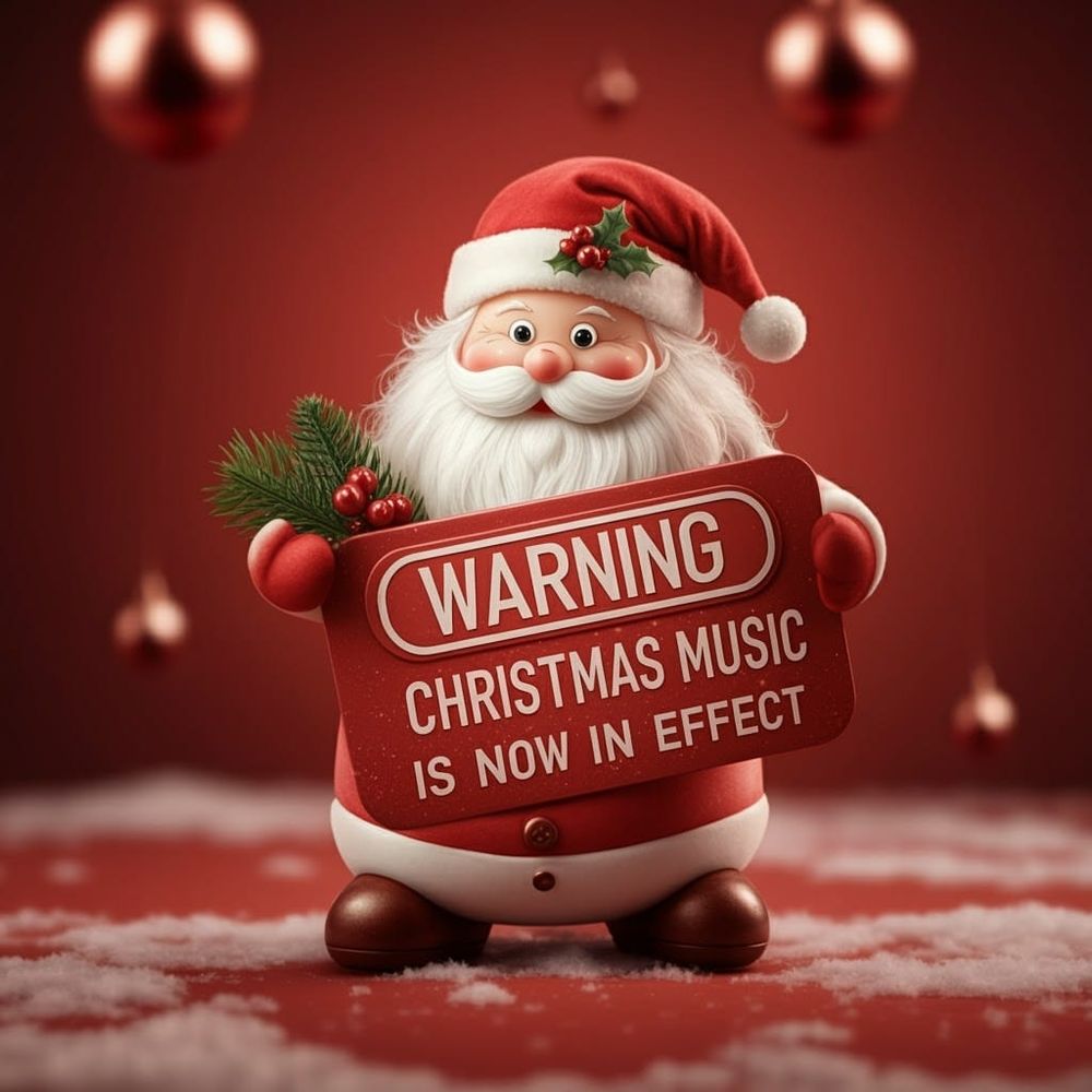 Toy Santa with sign
"WARNING
CHRISTMAS MUSIC
IS NOW IN EFFECT"