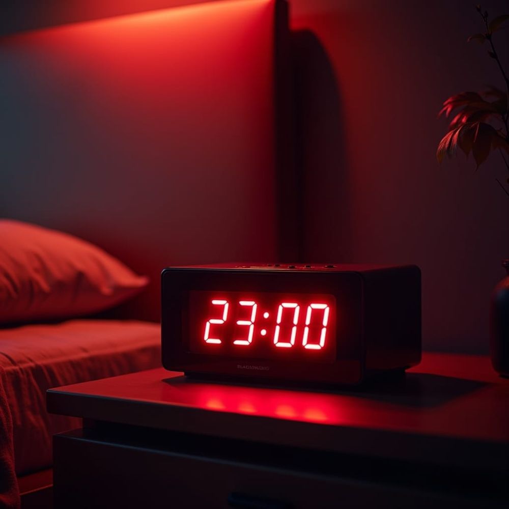 Digital clock radio on a side table by a bed, showing 23:00 in red digits, in a room dimly lit in red.