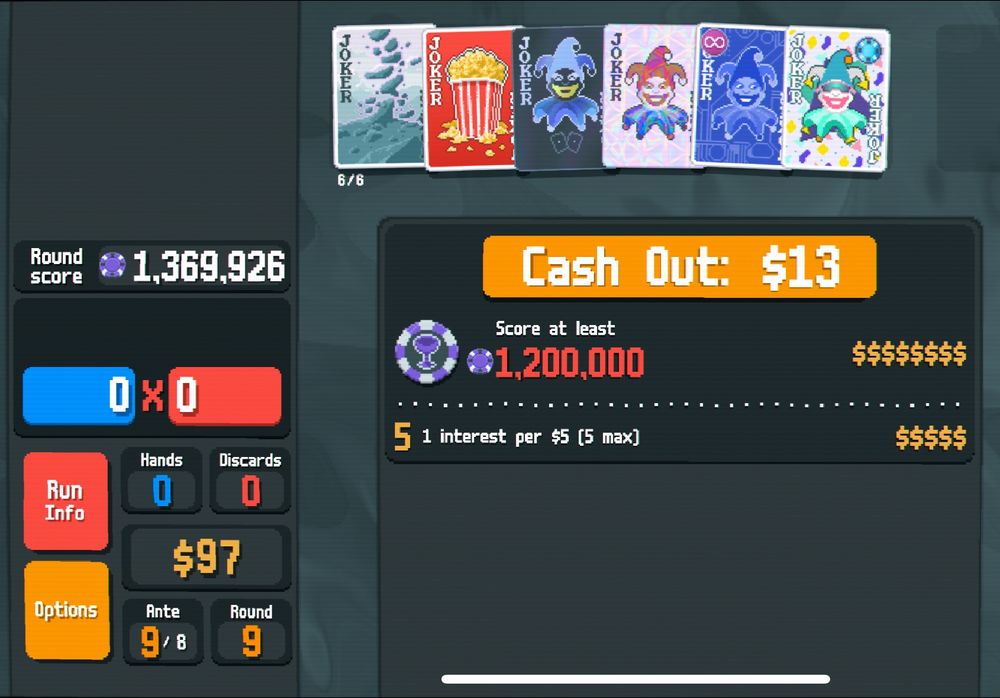 Completed ante 9/8 Balatro run with only 9 hands played. Mystic Summit, Popcorn, Negative Jolly Joker, Holographic Joker, Eternal DNA, and Throwback are the jokers in the hand