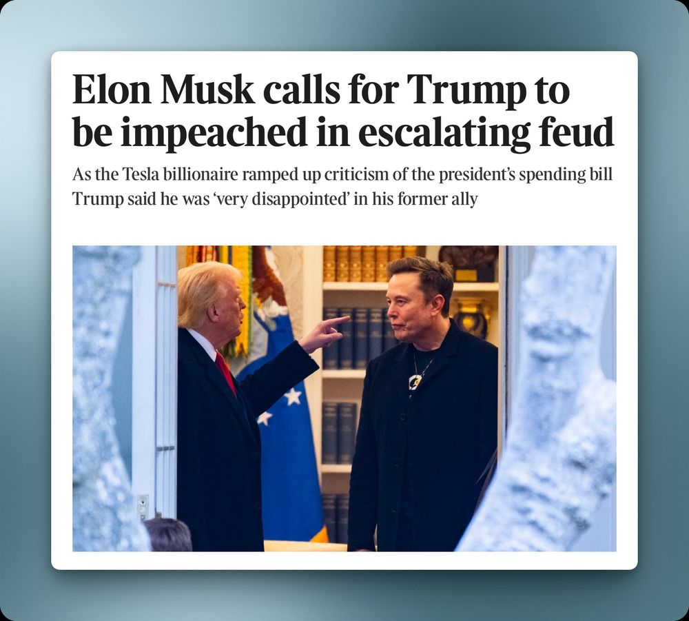 Headline from The Times which reads "Elon Musk calls for Trump to be impeached in escalating feud."