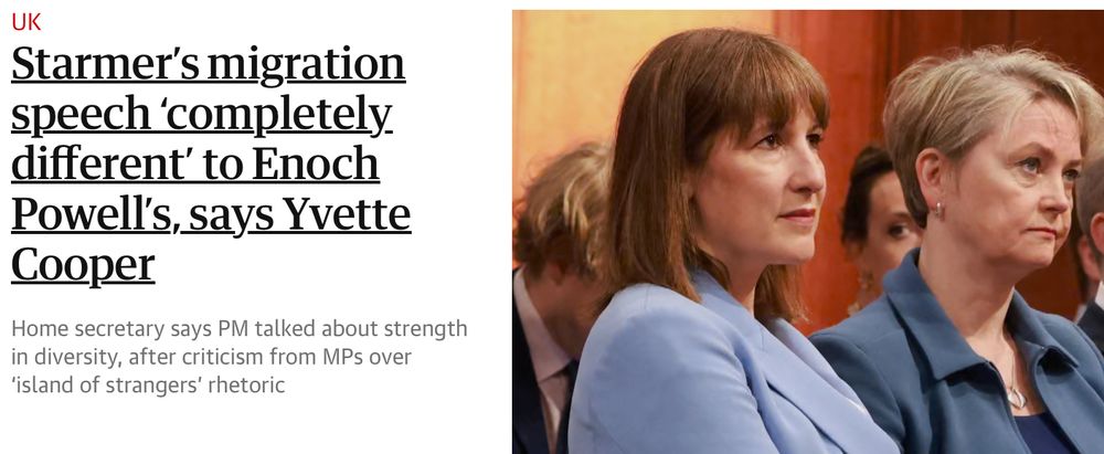 Headline from The Guardian, saying "Starmer's migration speech 'completely different' to Enoch Powell's, says Yvette Cooper."