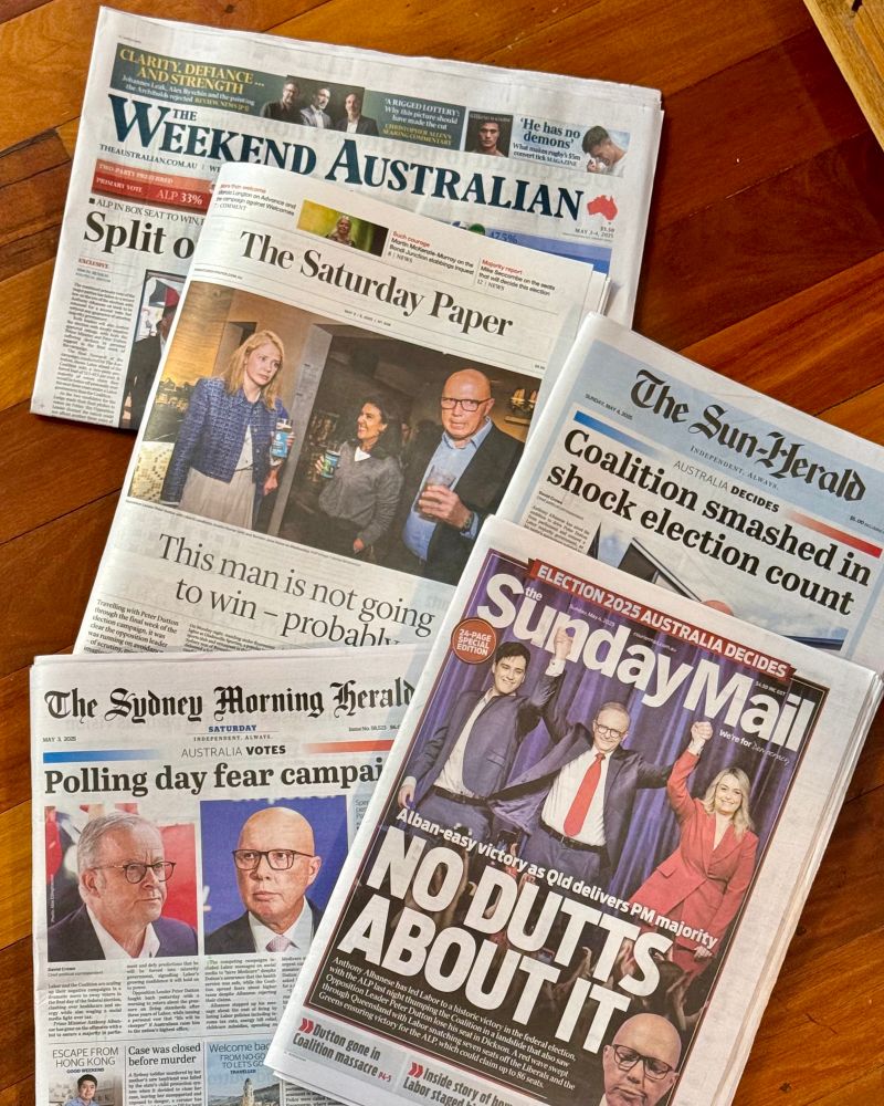 A selection of newspaper front pages, reporting on the results of Australia’s federal election.