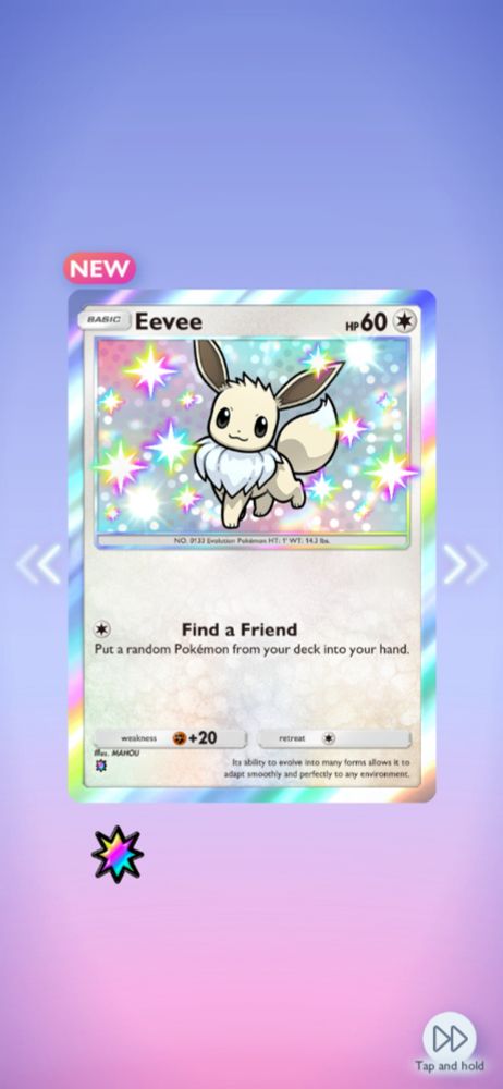 A screenshot from Pokémon TCG Pocket of the card Eevee with shiny its shiny coloration. 