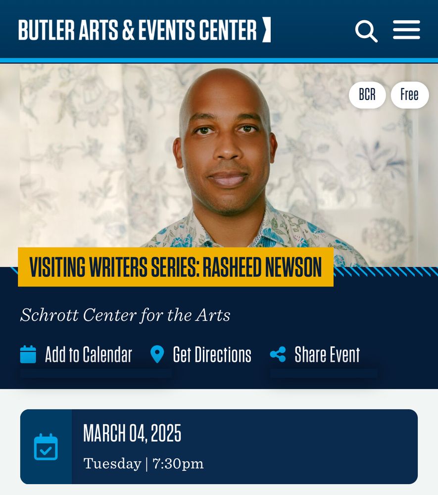Author Rasheed Newson announcement that he has a reading at Butler University on Tuesday, March 4 at 7:30pm
