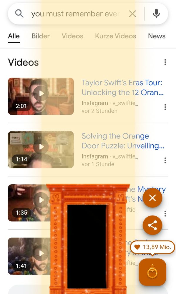 Screenshot of the Google search page for the TLOAS challenge orange door knock counter, showing exactly 13,89M