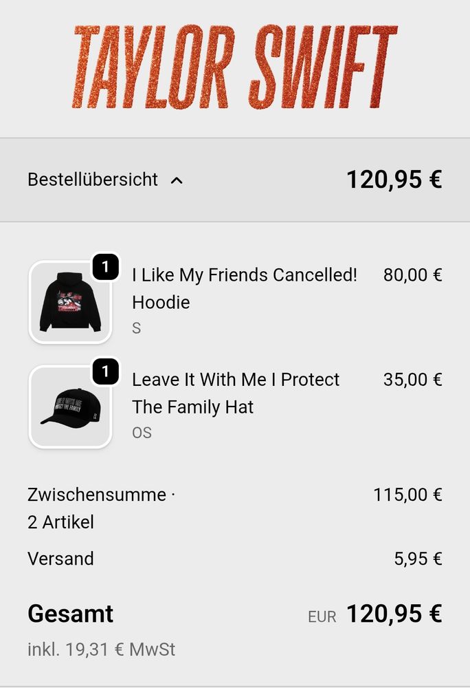 Screenshot of the checkout from the EU Taylor Swift store, having the CANCELLED! hoodie and the Father Figure cap in it.