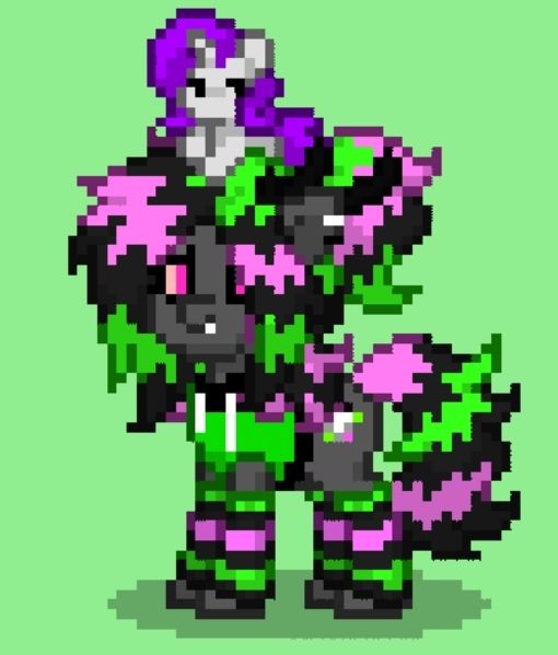 A Pony Town Pony with pink and green hair and black in the hair and tail. Wearing a green Hoodie, as well as pink, green, and black socks to match the hair. A plush of Rarity sits on the Pony's head.