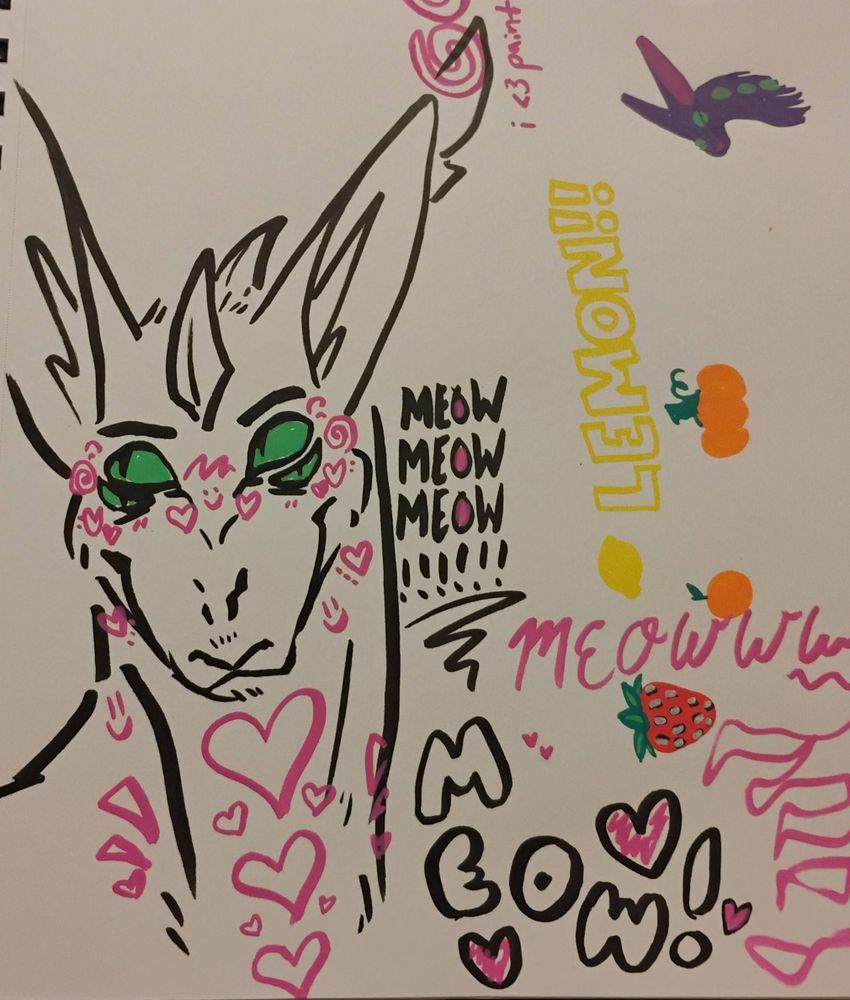 a drawing of the same dragon done in brush-tip paint marker, among other doodles. he's uncolored lineart aside from his eyes and pink hearts drawn all over him