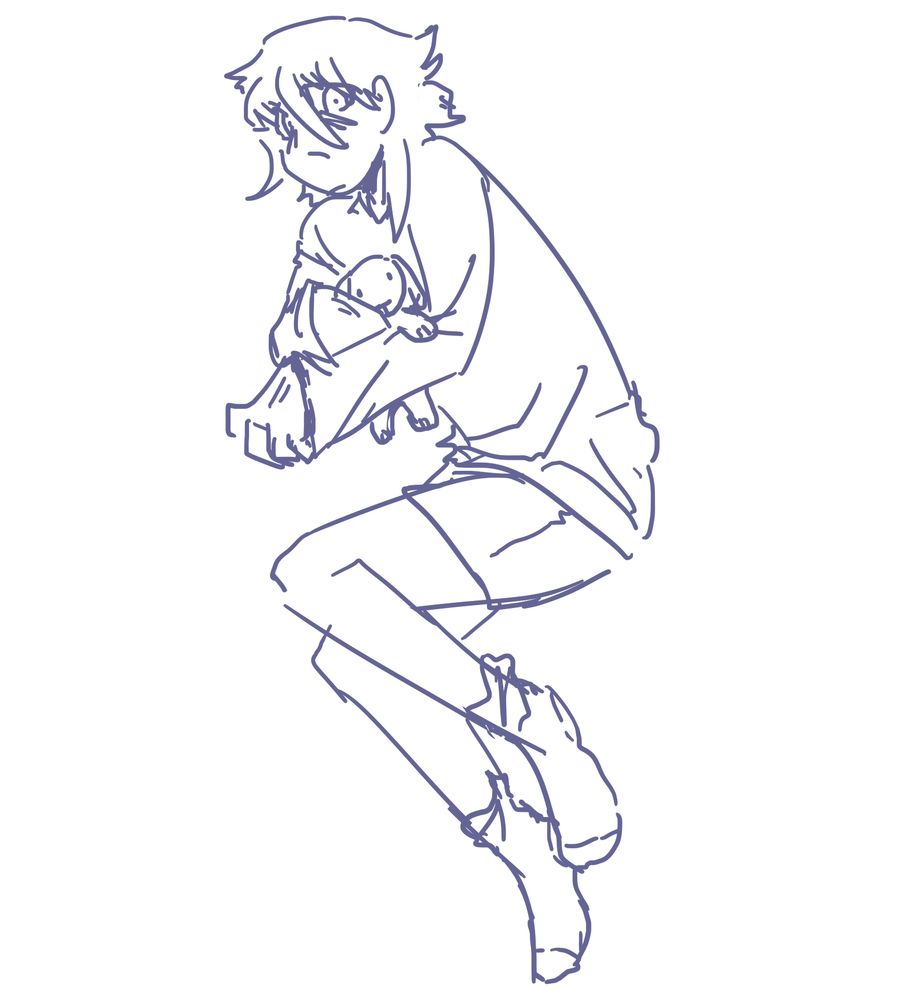 a sketch of crona gorgon curled in on themself, clutching a staffed rabbit toy and staring nervously at the viewer. they're wearing a longsleeved shirt and shorts and socks