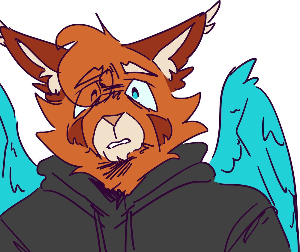 a digital bust drawing of a dark orange anthro cat with cyan wings wearing a dark gray hoodie. he has tall darker ears and thick stripes on his cheeks, and an off-white muzzle and large eyebrows. he's looking down at the viewer with an upset expression