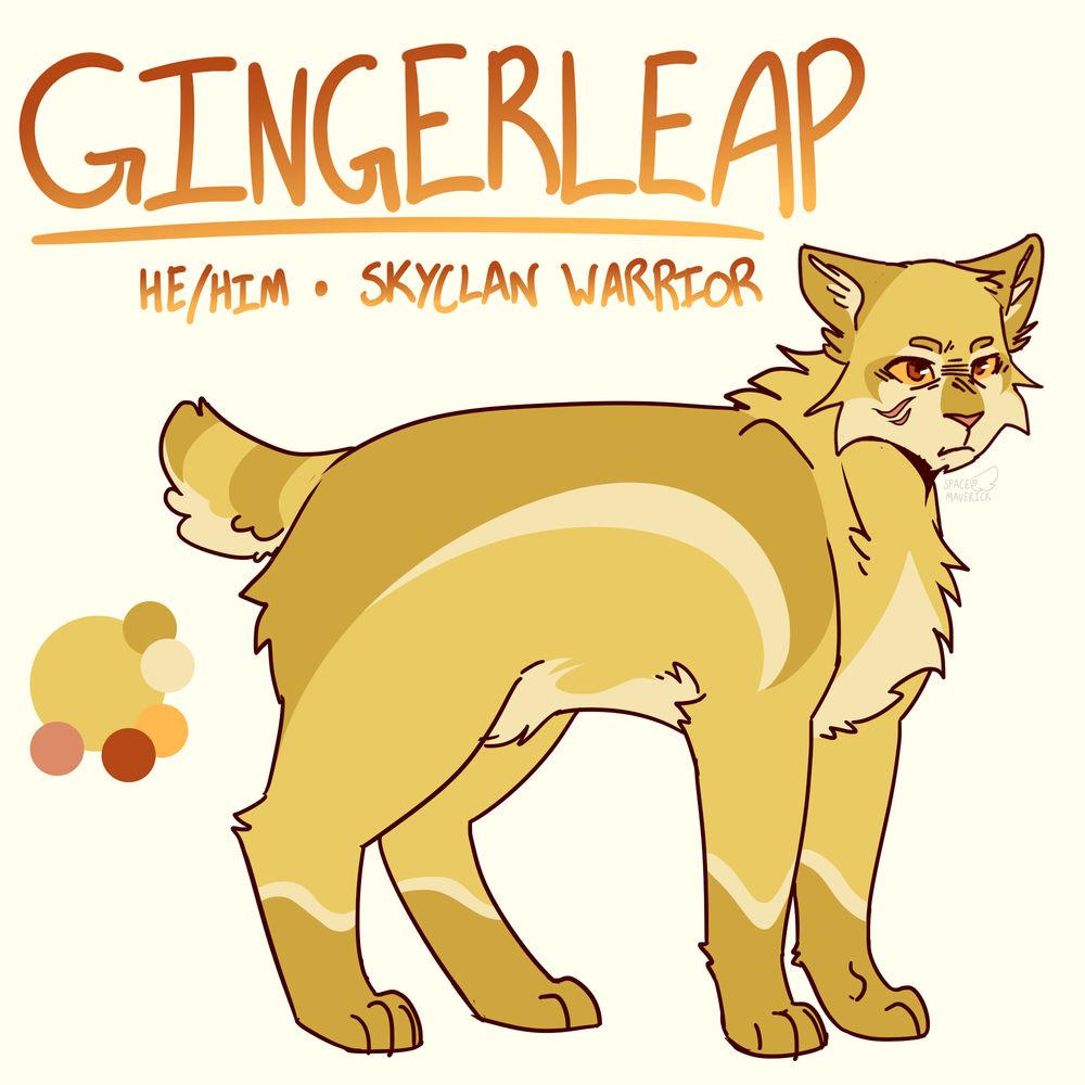 a digital reference drawing of a golden yellow tabby cat with a bobtail. his name is gingerleap, written above him in the same shades of orange as his eyes, along with his pronouns and skyclan warrior status. gingerleap is standing facing right. his face looks slightly tired or stern, and he has two scars on his right cheek.