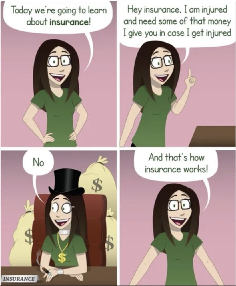 Four panel cartoon. First panel has female presenting white person with long dark hair, glasses and a green shirt saying “today we are going to learn about insurance!” Second panel has woman talking to the edge of a brown desk, with bubble that reads “hey insurance, I am injured and I need some of that money I give you for in case I get injured.” Third panels is the woman sitting at a desk with a nameplate reading “insurance.” She wears a black top hat and a gold necklace with a dollar sign, and piles of bags with dollar signs on them are behind her. The bubble above her head says “no.” The fourth panel has the woman back to regular dress saying “and that is how insurance works!”