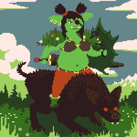 A chubby goblin warrior girl on the back of a large hog.
