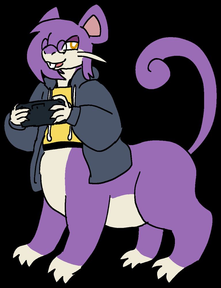 a rattata taur named kay (it/they/xe) wearing glasses, a yellow top, and a greyish hoodie. it's holding a psvita