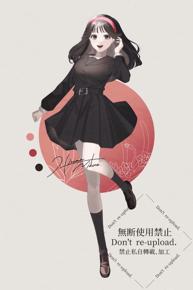 ミディアムロングの黒髪に赤いカチューシャを着けている。黒い学生服を着た女性のイラスト。