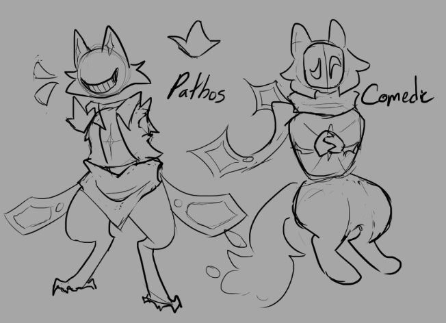 Pathos and Comedic, these both are just from my main idea of opposites of eachother.
Their full names are Pathos Tragedy, and Comedic Releif. Their story hasn't been solidified yet but there will be Mythological ideas in it. With the coming Character of Apollo Eos and Dionisys.