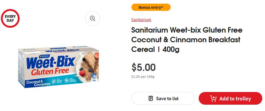 Screenshot of online grocery order for "Sanitarium Weet-bix Gluten Free Coconut & Cinnamon Breakfast Cereal"
