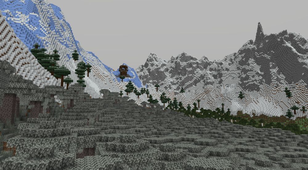 A mountain range in Minecraft. There is a Pillager Output in the peaks and a Pale Garden biome in the foreground.