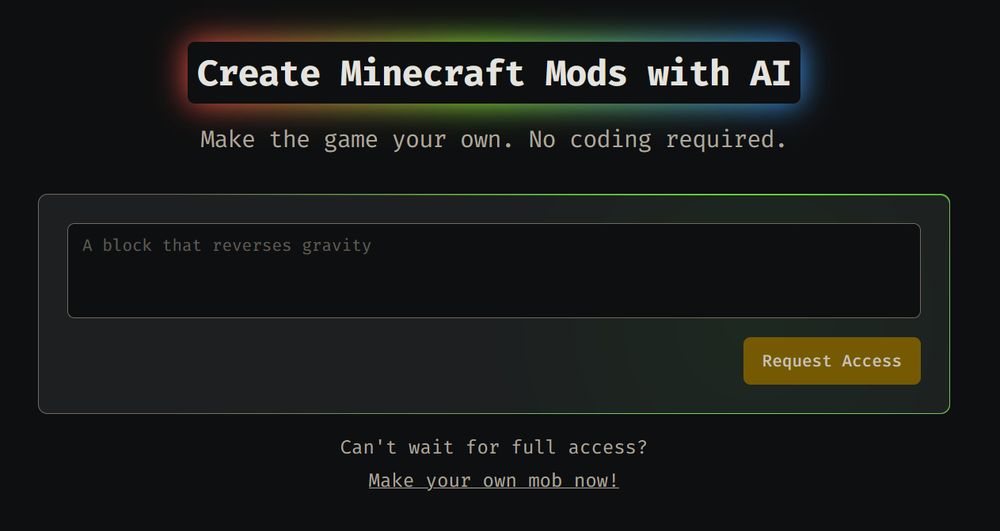 A screenshot of a website. The title is "Create Minecraft Mods with AI".