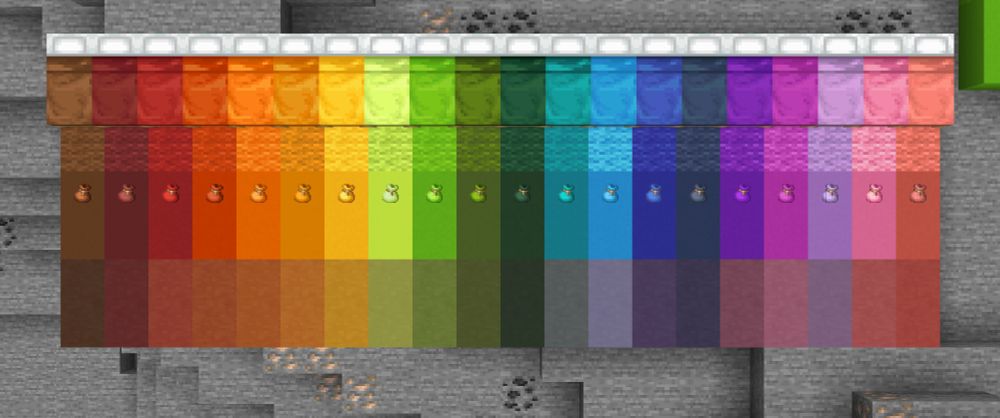 A color wheel of wools, concretes, terracottas, beds, and bundles. Colors from left to right: brown, maroon, red, scarlet, orange, amber, yellow, pear, lime, green, pine, cyan, light blue, blue, slate, purple, magenta, lavender, pink, salmon